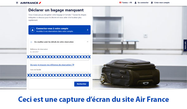 Déclaration de bagage perdu sur le site Air France